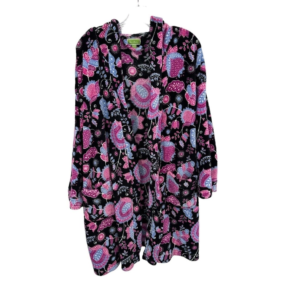 Vera Bradley Hooded Robe Floral Paisley Plush Black Pink Blue S/M Cozy Warm Soft